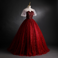 Burgundy sequins long prom dress A line evening gown - Thumbnail 1