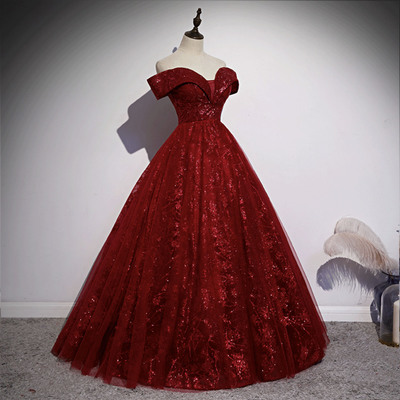 Burgundy sequins long ball gown dress formal dress - Thumbnail 3