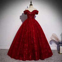 Burgundy sequins long ball gown dress formal dress - Thumbnail 1