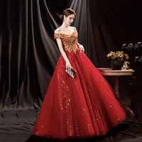 Red tulle sequins long prom dress A line evening gown - Thumbnail 1