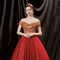 Red tulle sequins long prom dress A line evening gown - Thumbnail 3