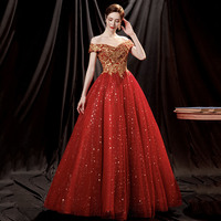 Red tulle sequins long prom dress A line evening gown - Thumbnail 6