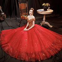 Red tulle sequins long prom dress A line evening gown - Thumbnail 5