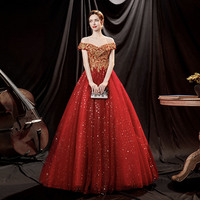 Red tulle sequins long prom dress A line evening gown - Thumbnail 2
