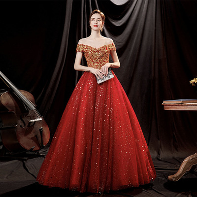 Red tulle sequins long prom dress a line evening gown - Thumbnail 5