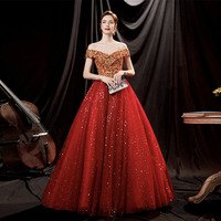 Red tulle sequins long prom dress A line evening gown - Thumbnail 7