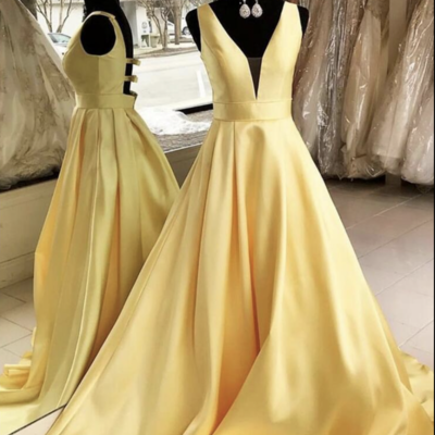 V neck prom dresses yellow - Thumbnail 3