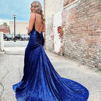 Sparkly Mermaid V Neck Spaghetti Straps Royal Blue Long Prom Dresses with Split - Thumbnail 1