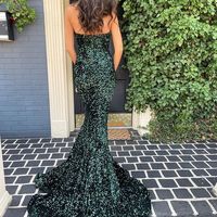 Glitter Memriad V Neck Dark Green Velvet Sequins Prom Dresses, 2022 Long Prom Dresses - Thumbnail 1