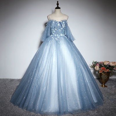 Blue tulle lace long ball gown dress formal dress - Thumbnail 3