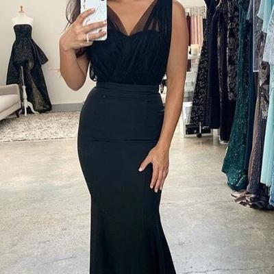 Mermaid black v neck prom dresses evening dress - Thumbnail 2