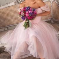 Off Shoulder Tea Length Pink Bridesmaid Dress Short Prom Dress - Thumbnail 1