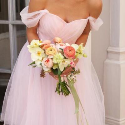 Off shoulder tea length pink bridesmaid dress short prom dress - Thumbnail 3