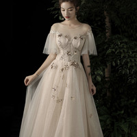 Cute tulle sequins long prom dress evening dress - Thumbnail 2