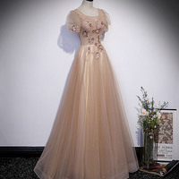 Cute tulle beads long prom dress A line evening gown - Thumbnail 2