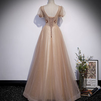 Cute tulle beads long prom dress A line evening gown - Thumbnail 3