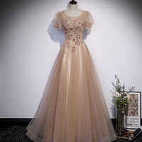 Cute tulle beads long prom dress A line evening gown - Thumbnail 4
