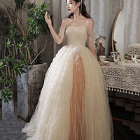 Champagne tulle long prom dress A line evening dress - Thumbnail 1