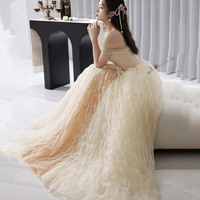 Champagne tulle long prom dress A line evening dress - Thumbnail 3
