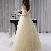Champagne tulle long prom dress A line evening dress - Thumbnail 4