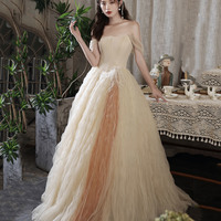 Champagne tulle long prom dress A line evening dress - Thumbnail 5
