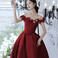 Burgundy satin long prom dress A line evening gown - Thumbnail 2