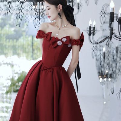 Burgundy satin long prom dress a line evening gown - Thumbnail 3
