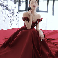 Burgundy satin long prom dress A line evening gown - Thumbnail 3