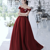 Burgundy satin long prom dress A line evening gown - Thumbnail 4