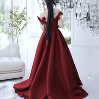 Burgundy satin long prom dress A line evening gown - Thumbnail 5