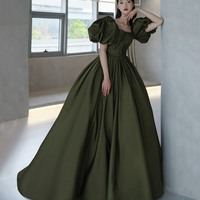 Green satin long A line princess gown formal gown - Thumbnail 2