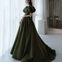 Green satin long A line princess gown formal gown - Thumbnail 3