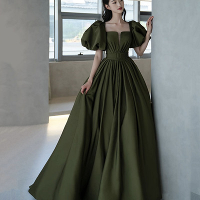 Green satin long a line princess gown formal gown - Thumbnail 1