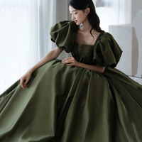 Green satin long A line princess gown formal gown - Thumbnail 4