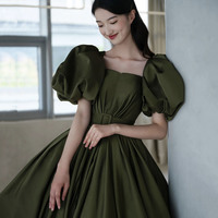 Green satin long A line princess gown formal gown - Thumbnail 5
