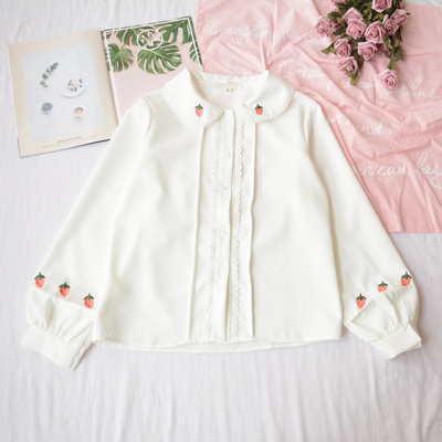 Strawberry embroidery doll collar sweet long sleeve white shirt - Thumbnail 3