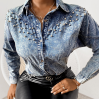 Fashion Casual Slim Long Sleeve Denim Shirt Top - Thumbnail 1