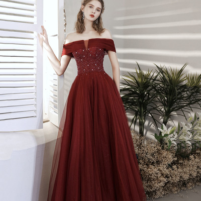 Burgundy tulle beads long prom dress a line evening gown - Thumbnail 2