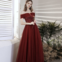 Burgundy tulle beads long prom dress A line evening gown - Thumbnail 1