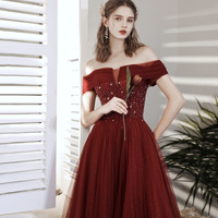 Burgundy tulle beads long prom dress A line evening gown - Thumbnail 2