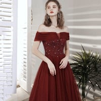 Burgundy tulle beads long prom dress A line evening gown - Thumbnail 3