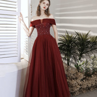 Burgundy tulle beads long prom dress A line evening gown - Thumbnail 5