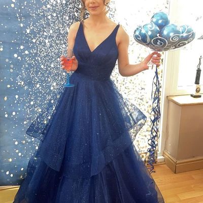 Ball gown v neck royal blue sparkly tulle long prom dresses evening party gown 2022