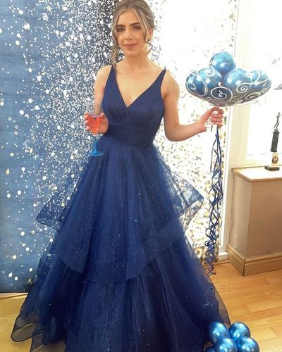 Ball Gown V Neck Royal Blue Sparkly Tulle Long Prom Dresses Evening Party Gown 2022