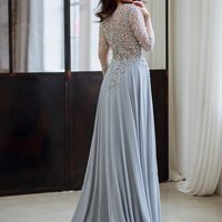Elegant A-Line Long Sleeve Silver Long Prom Dresses Mother of the Bride Dresses - Thumbnail 1
