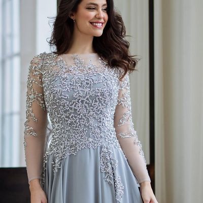 Elegant a-line long sleeve silver long prom dresses mother of the bride dresses - Thumbnail 3