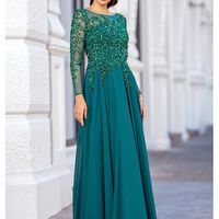 Elegant A-Line Long Sleeve Silver Long Prom Dresses Mother of the Bride Dresses - Thumbnail 3