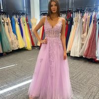 Gorgeous A-Line V Neck Lilac Tulle Long Prom Evening Dresses Formal Party Dresses - Thumbnail 1