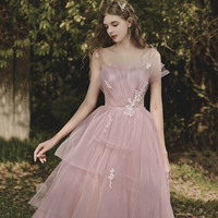 Pink tulle lace long prom dress pink evening gown - Thumbnail 2
