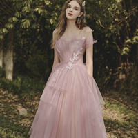 Pink tulle lace long prom dress pink evening gown - Thumbnail 3
